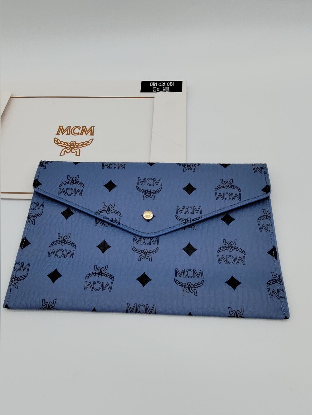 MCM Visetos Envelope Pouch Blue Logo Cosmetic Bag Travel Organizer Korea NIB NWT
